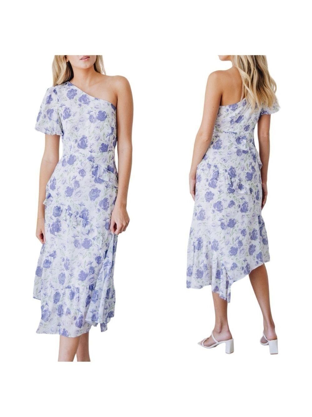 All in Favor One Shoulder Floral Rose Ruffle Flowy Midi Dress with Front Slit